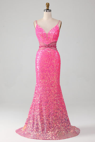 Hot Pink Spaghetti stropper Glitter Mermaid Prom kjole med Beading Waist